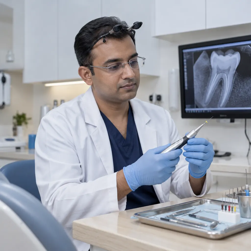 A dentist preparing a rotary instrument beside a digital X-ray