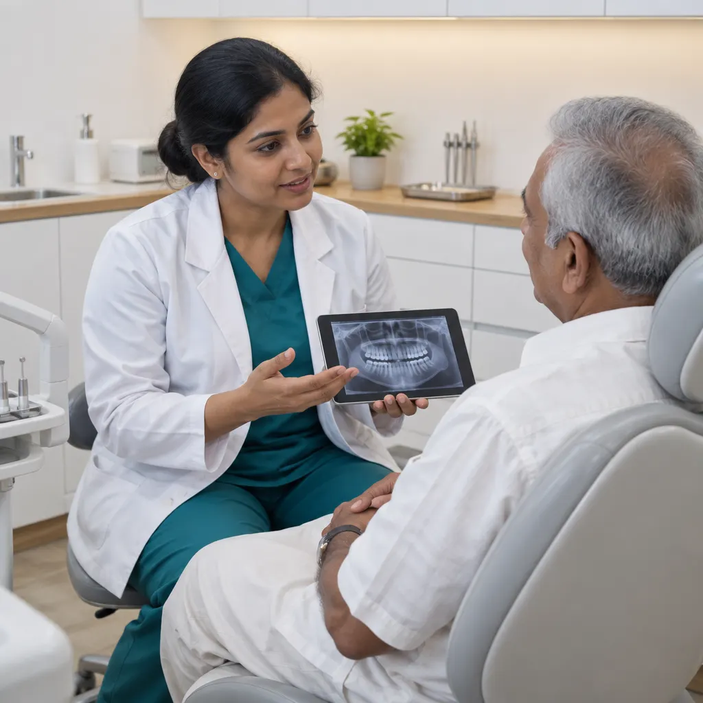 A dentist explaining an X-ray to a patient on a tablet